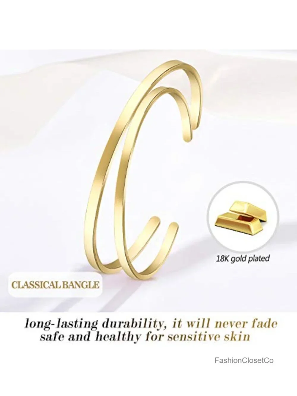 18K Gold Plated Open Cuff Bangle Bracelet, Adjustable, Surgical Steel, 2 Pack